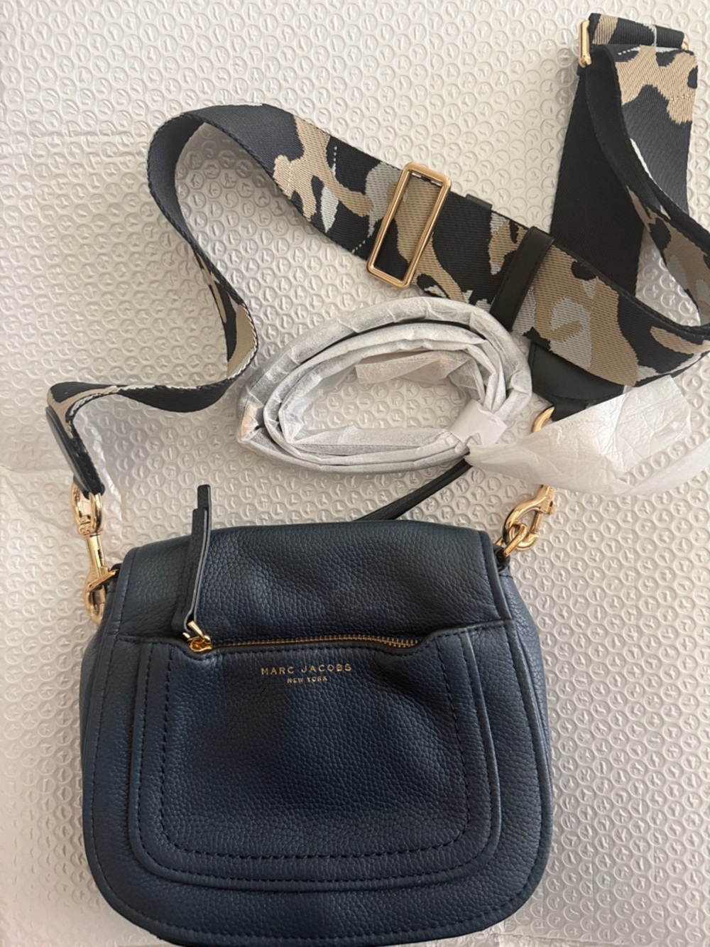 Marc Jacobs Navy Pebbled Leather Crossbody with Patterned Canvas Strap